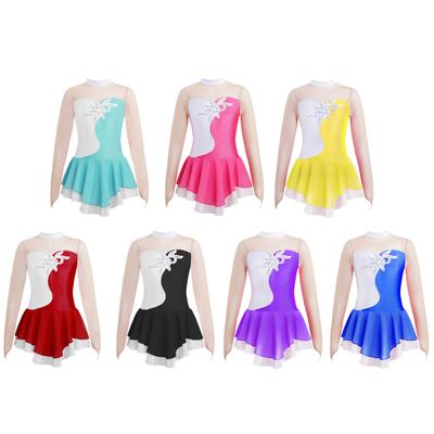 Kinder Mädchen Langarm Dancewear Mesh Patchwork Pailletten Skating Gymnastik Trikot Kleid