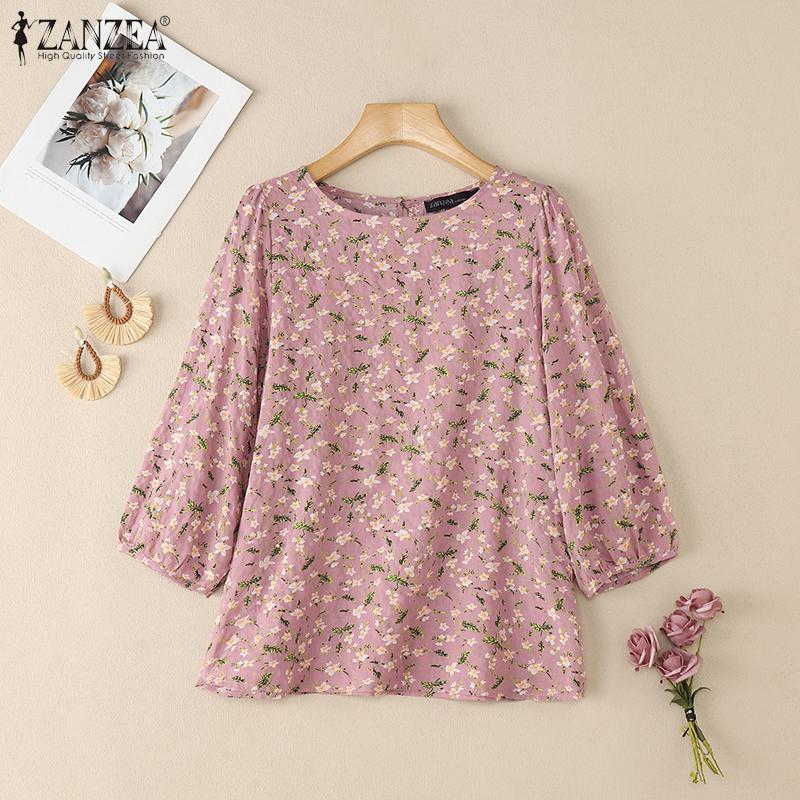 ZANZEA Women Casual Round Neck 3/4 Sleeve Loose Floral Blouse