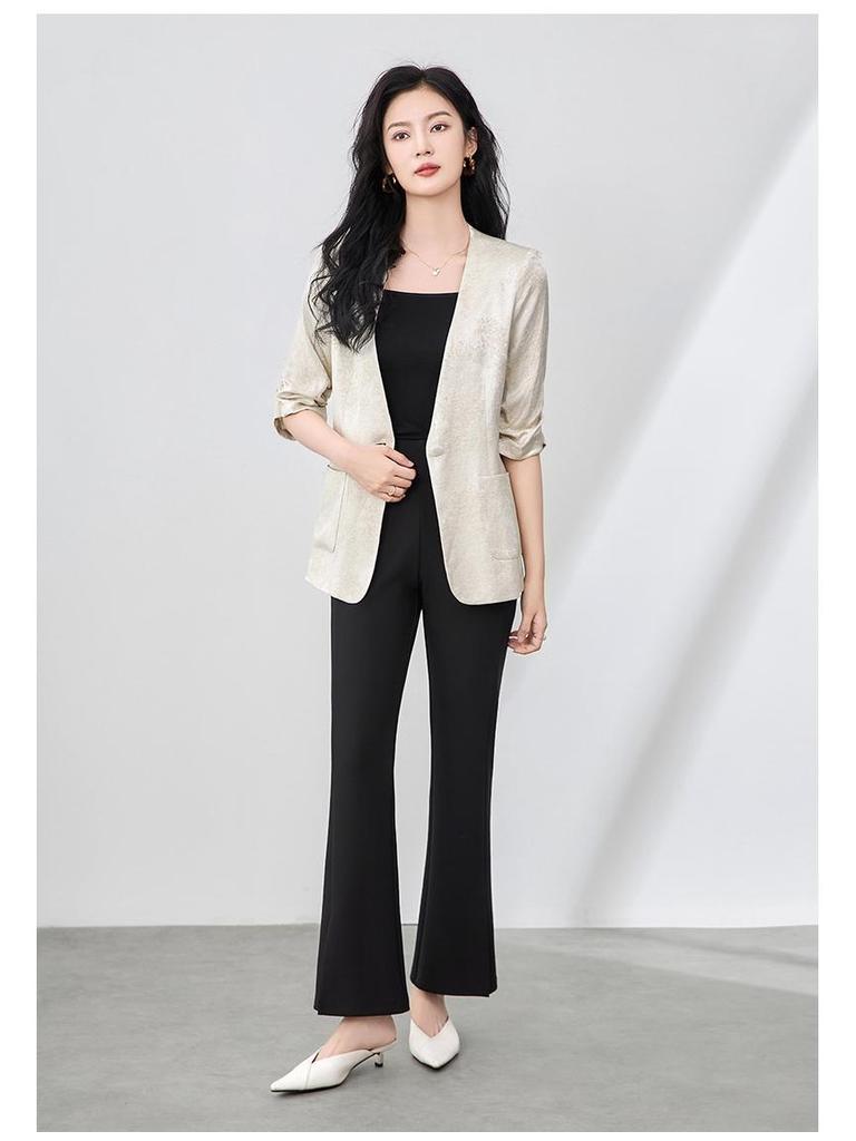 Women's Light Luxury Jacquard Ruched Sleeve V-Neck Lace Blazer
