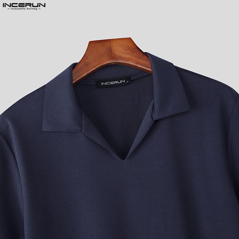 INCERUN Men Lapel Neck Short Sleeve Solid Color Casual Fitted T-shirts Tops