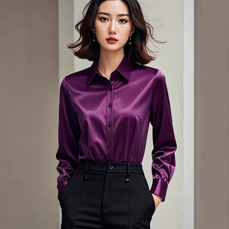 Elegante Satin Lila Langarmbluse Damen Professionelles Bürohemd Lockere Passform POLO-Kragen Einfarbige Business Casual