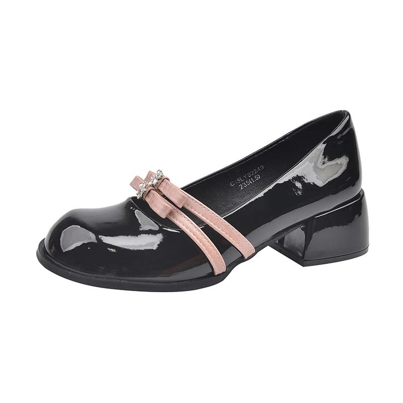 Women Heels Shoes Crystal Bow Sandals Woman Summer 2025 New Chunky Sweet Lolita Dress Pumps Leather Zapatos De Mujer