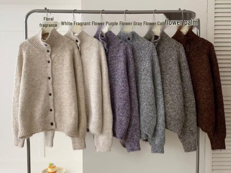 Korean Minimalist Wool High Neck Women's Button-Up Cardigan – Trendy Autumn/Winter Knitwear