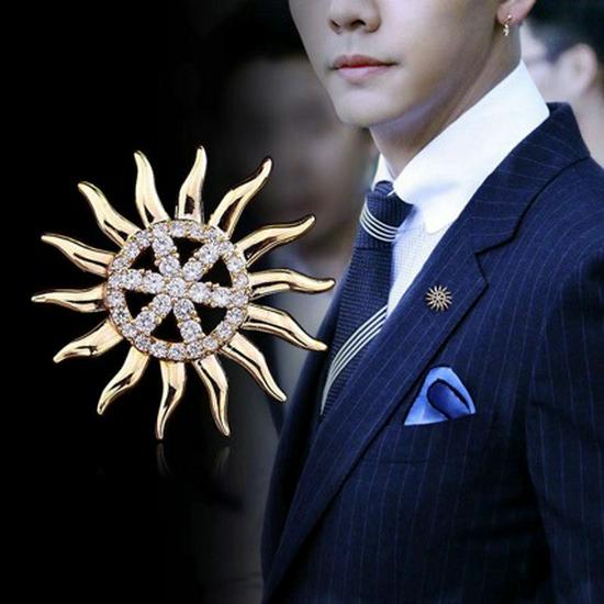 Luxury Sunflower Zircon Brooch: Classic, High-Grade Lapel Pin for Men.
