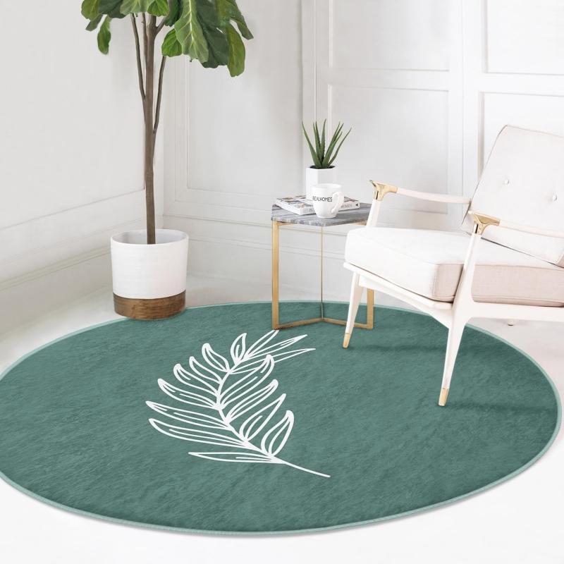 

Современная бирюзовая гостиная и круглый ковер с моющимся нескользящим основанием на красочном полу с цифровой печатью в виде листьев