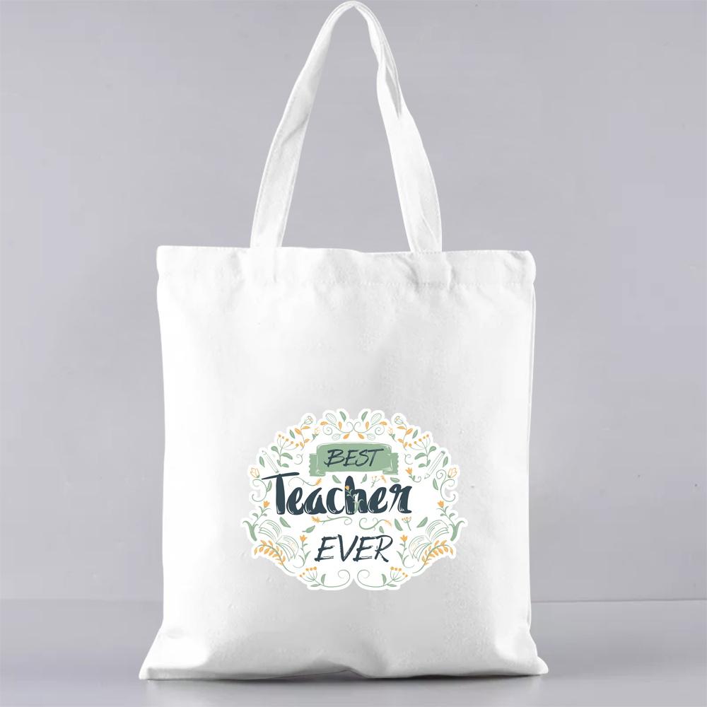 Fashion Shopping Bag Handbag Commuter Casual Shoulder Bag Reusable Canvas Bag White Cartoon Teacher Pattern Printing Tote Bag