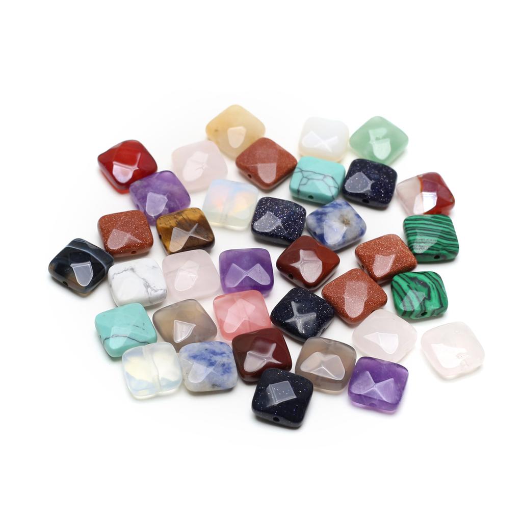 5Pcs/Pack Faceted Natural Stone Beads with Hole, Square Crystal Agate Amethyst Malachite Turquoise Gem Loose Beads for DIY Jewelry Accessories 12x12mm