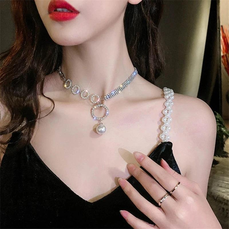 Light Luxury Temperament Full Diamond Large Circular Pearl Necklace Design Sense Splicing Collarbone Chain Women Sexy Jewelry