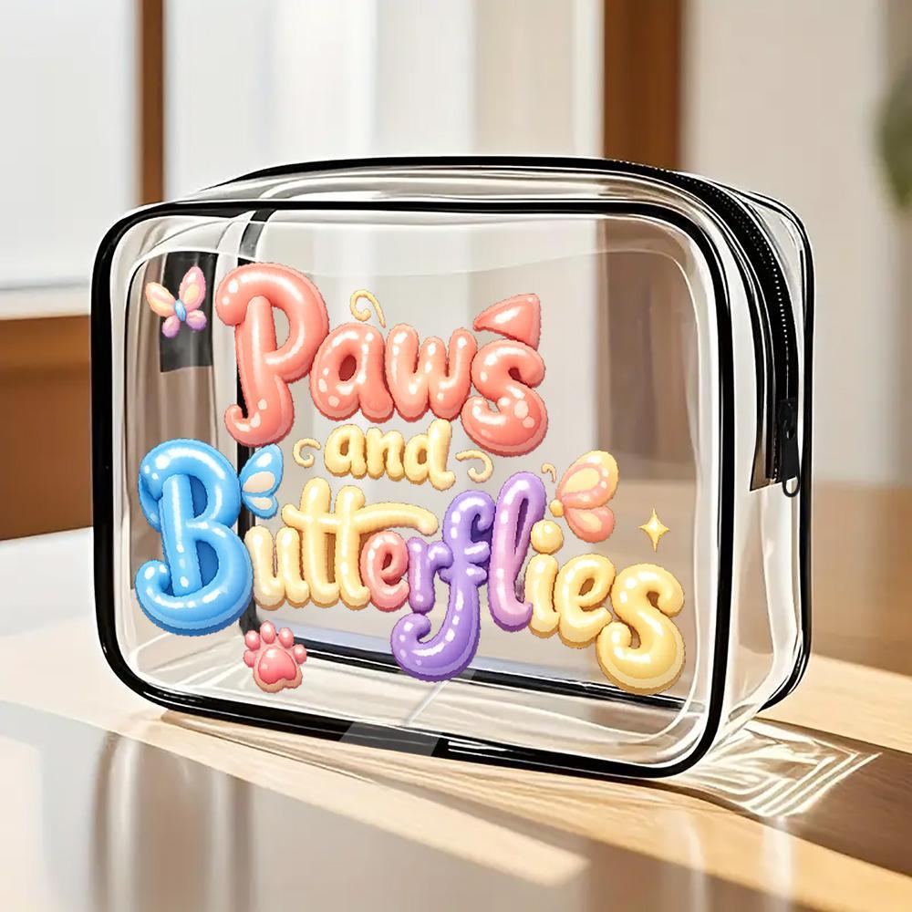 

Toilet Bag Balloon-Style Lettering, Butterfly and Paw Print Clear PVC Cosmetic Bag, Kawaii Colorful Design, Zippered Portable