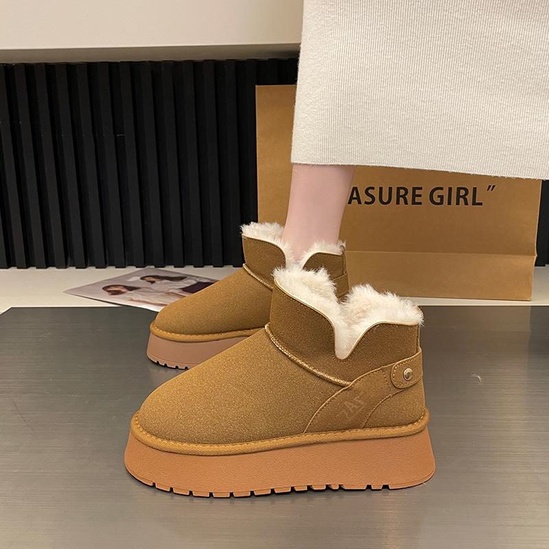 

Зимние ботинки для женщин, короткие зимние ботинки с меховой отделкой и толстым флисом для тепла, зимняя хлопковая обувь, обувь для хлеба 40 коричневый
