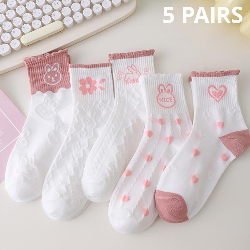 5 Pairs Women Middle Tube Socks Heart Cute Fashion Casual White Four Season Ruffles Pattern Pink Harajuku Kawaii Girls