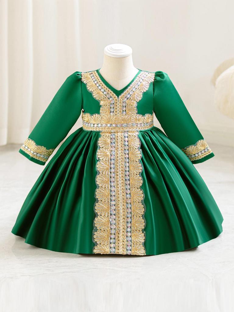 Girls' European & American Floral Princess Evening Dresses: Long Sleeve Banquet Performance Attire