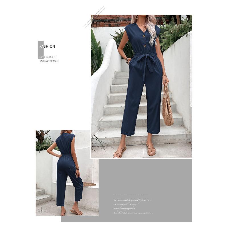 2026 Summer Sleeveless V-Neck Nine-Point Waist-Cinching Women's Casual Versatile Jumpsuit