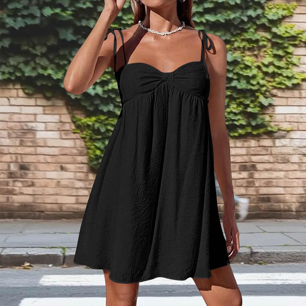 Women's Casual Loose Fit Sleeveless Tie Strap Dress Lightweight Breathable Fabric Summer Dress with Adjustable Shoulder Straps and Flared Hem