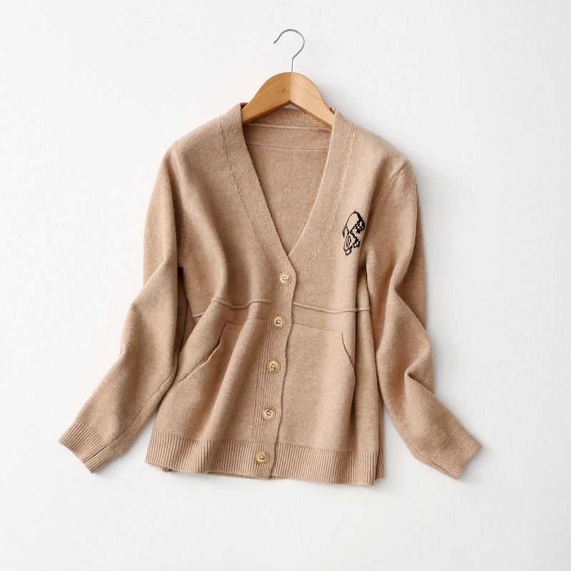 Cabinet Single Soft Glutinous Delicate Cartoon Pattern Loose V-neck Pocket Knitting Cardigan Female Fall and Winter Thickened Sweater Coat