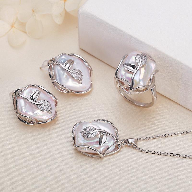 

Fashion Leaf Baroque Pearl Necklace Earings Freshwater Pearl Jewelry Sets For Women Freshwater Pearl Necklace Pearl Earrings Rings