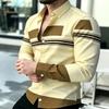 Men's Shirt Trendy Men's Color Block Splicing Long Sleeve Shirt Horizontal Stripe Decorative Collar Shirt European and American