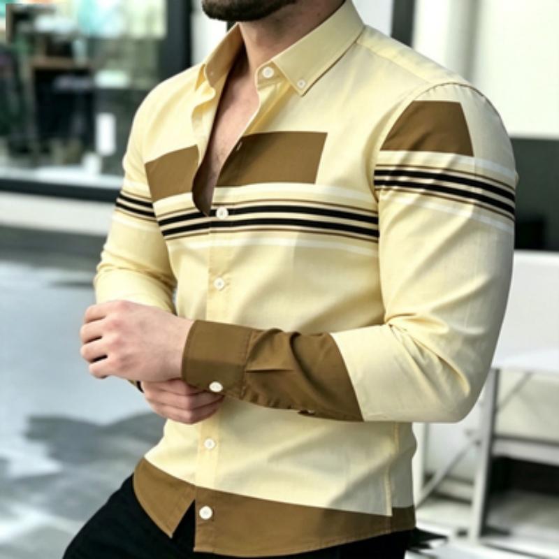 Men's Shirt Trendy Men's Color Block Splicing Long Sleeve Shirt Horizontal Stripe Decorative Collar Shirt European and American