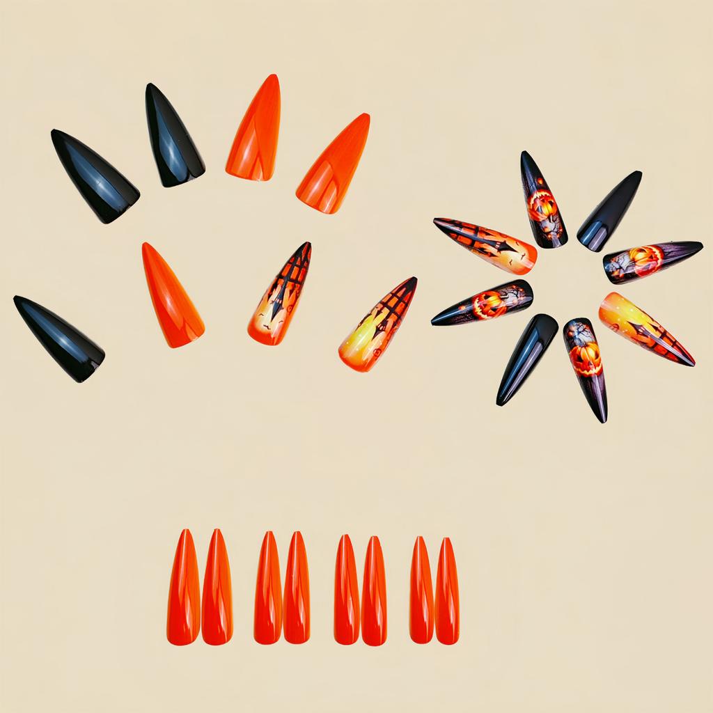 Trendy Fake Nail Halloween Theme Stylish Almond Tip Ghostly Pumpkin Art Durability Comfortable False Nail For Daily Wear