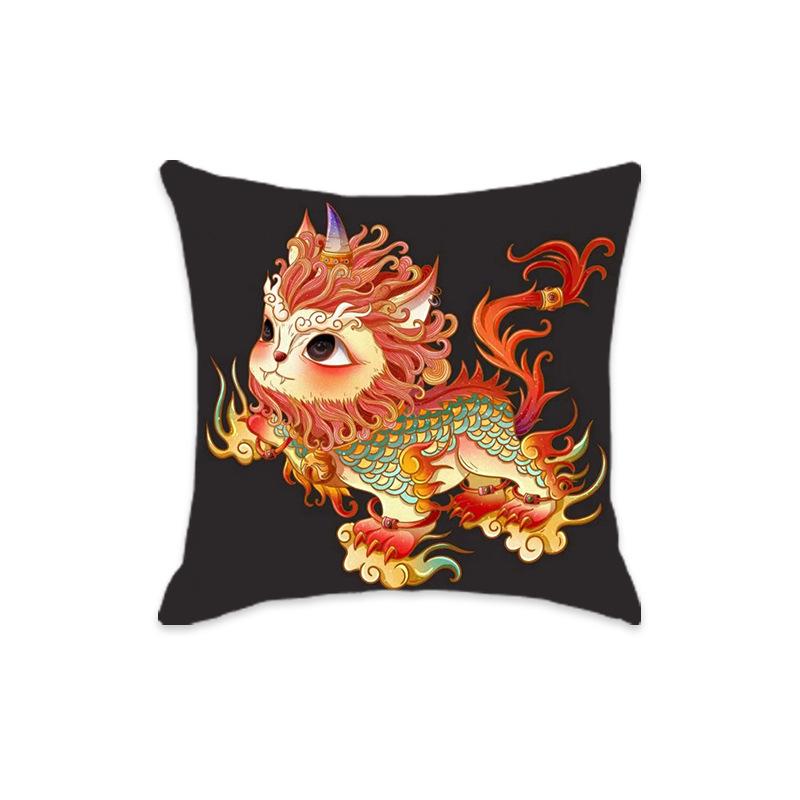 New Chinese Style Mythical Beast Lion Pillowcase - Festive Cartoon Home Decor Cushion for Sofa and Bed.