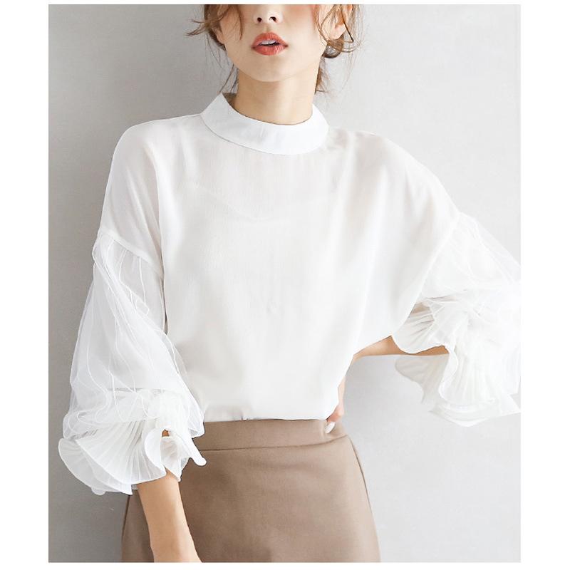 Women Elegant Party Blouse Chic Mesh Ruffle Sleeve Autumn Designer Stand Collar Shirts Korean Loose Tunics