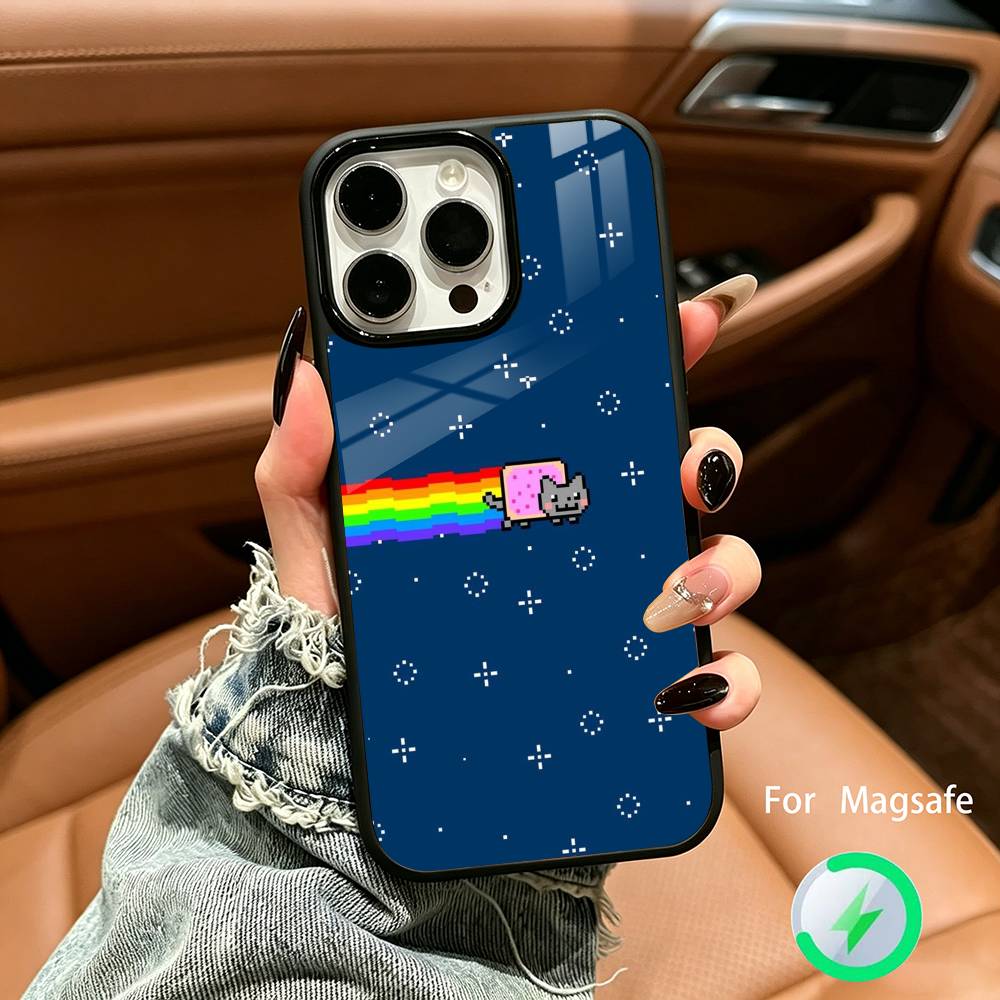 Cute N-Nyan -C-Cat Phone Case For IPhone17 16 15 14 13 12 11  Pro Max 16/15/14Plus Wireless Charger Cover Funda