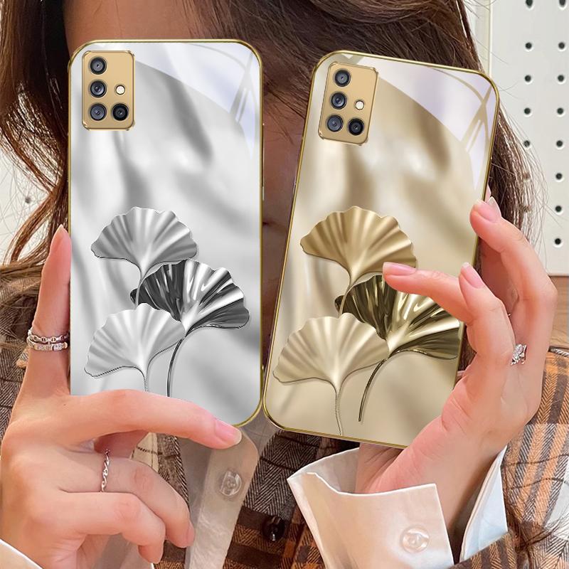 Luxurious Ginkgo Leaves For Samsung A 01 52S 04 05S 10 12 13 22 23 24 36 42 M02 Note 10 20Ultra 8 9 Golden glass phone case