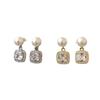 Retro zircon square pendant stud earrings women's S911 silver needle light luxury niche high-end natural freshwater pearl earrings