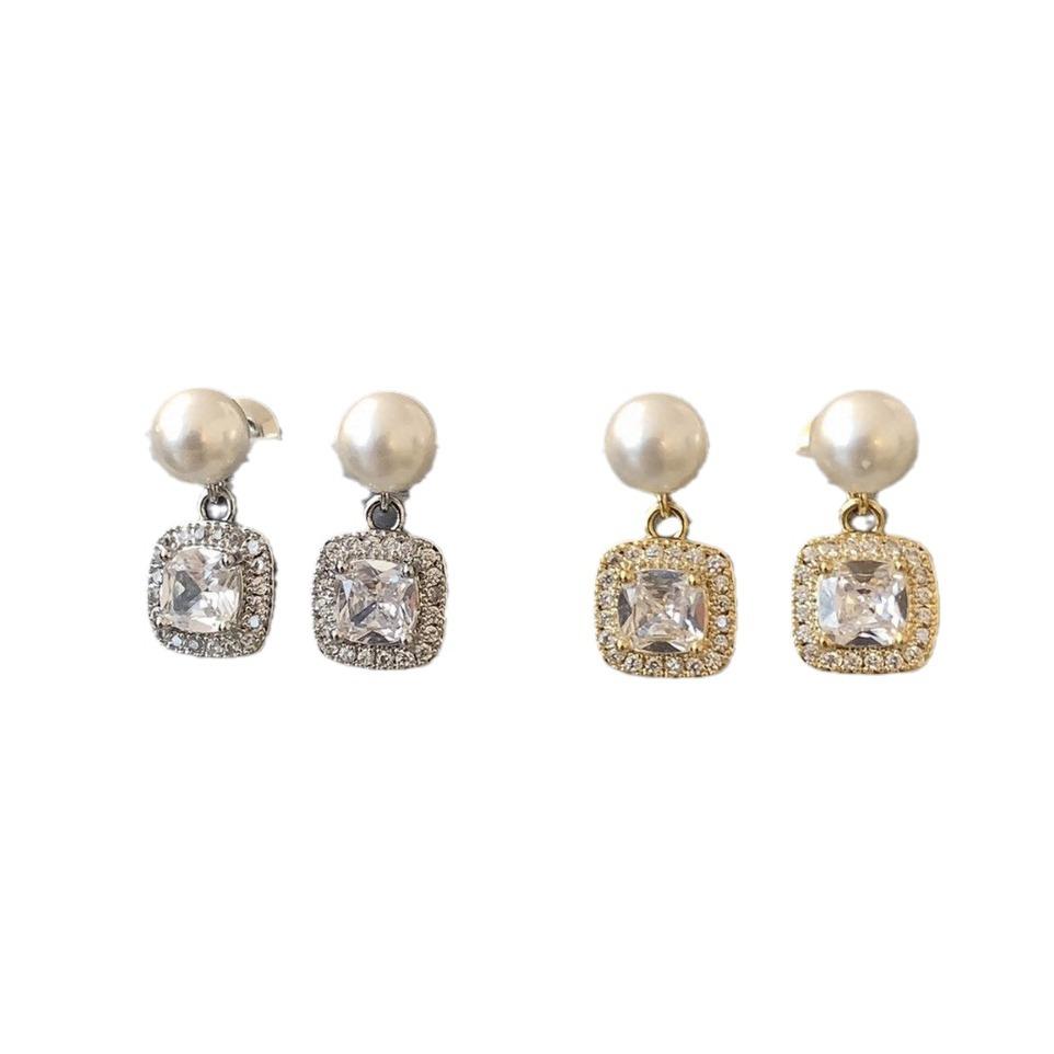 Retro zircon square pendant stud earrings women's S911 silver needle light luxury niche high-end natural freshwater pearl earrings
