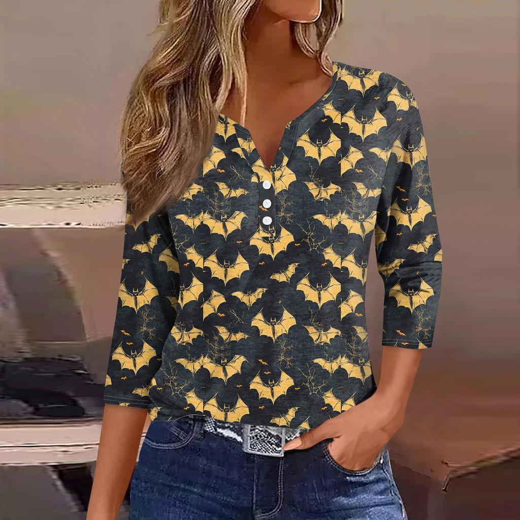 Women's Fashion Casual Halloween Printed V-Neck Short Sleeve Decorative Button Three-quarter Sleeve T-Shirt Top