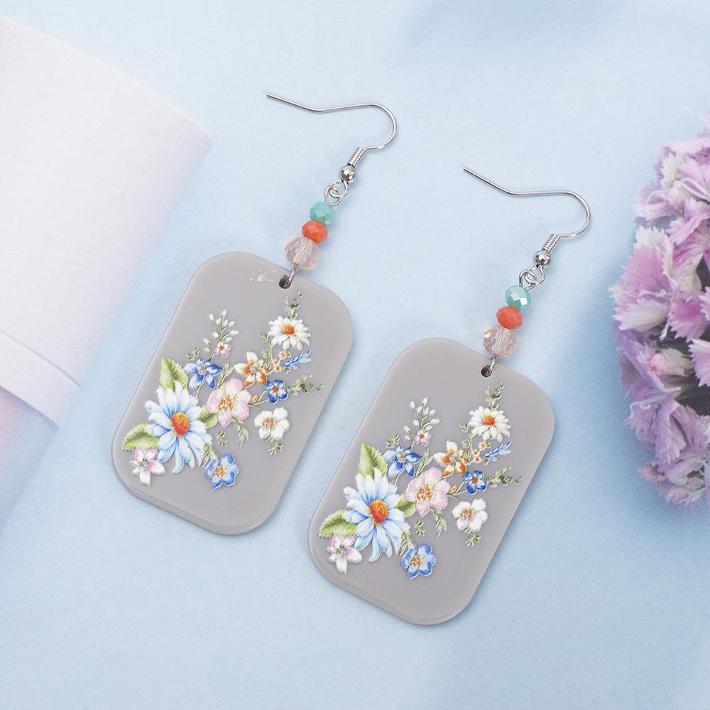 Light Gray Retro Geometric Flower Print Acrylic Earrings for Women