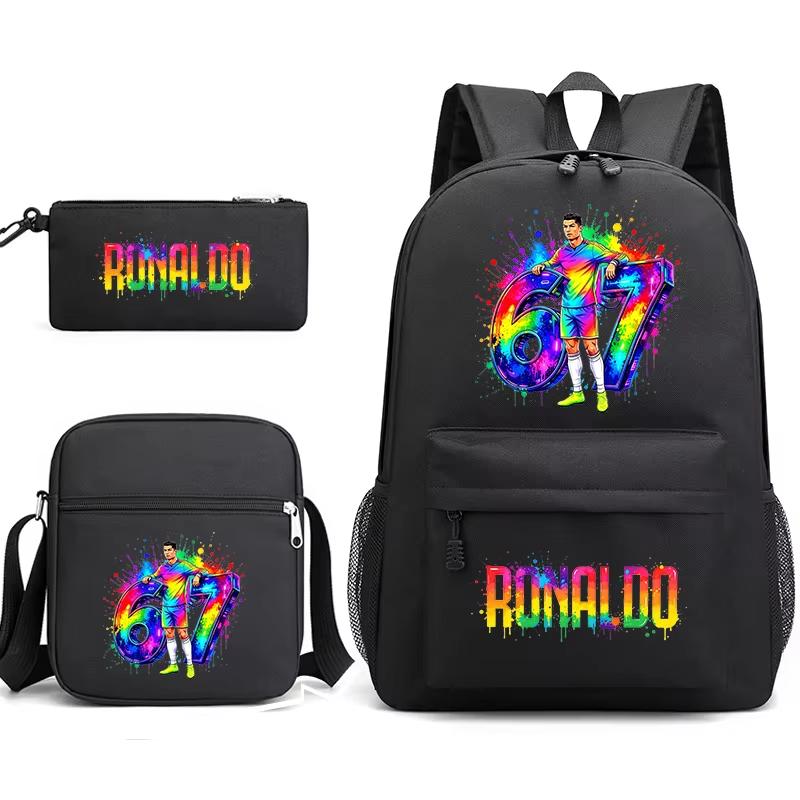 Cr7 Ronaldo 67 Patroon Schoolrugzak Set met Schoudertas en Etui voor Tieners Kinderen Meisje Jongen Lichtgewicht Ruime Schooltas