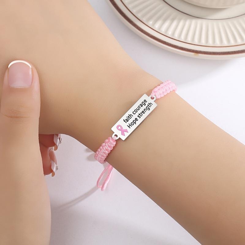 Breast Cancers Awareness Hope Bracelet for Women Pink Ribbon Charm Braided Rope Wrist Wrap Bangle Handmade Jewelry Gift