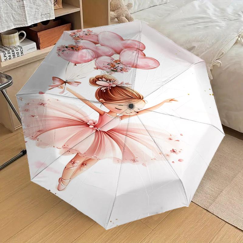 Pink Flower Balloon Ballet Girl Automatic Opening/Closing Umbrella - Portable Three-Fold Design with Iron Frame for Outdoor Use, Perfect Gif