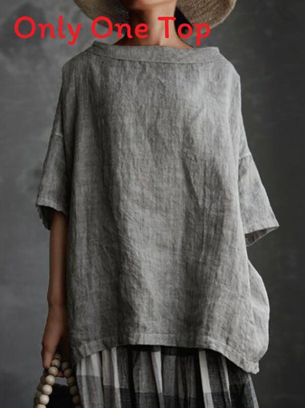 Vintage Art Style Cotton Linen T Shirt With Splicing Details For Casual Wear