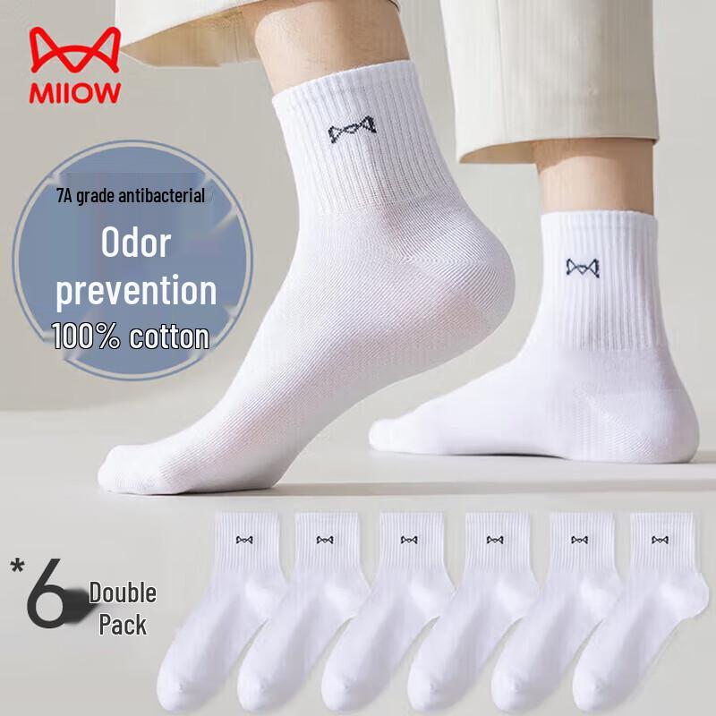MiiOW Men s 6-Pair 100% Cotton Anti-Odor Mid-Calf Socks One Size