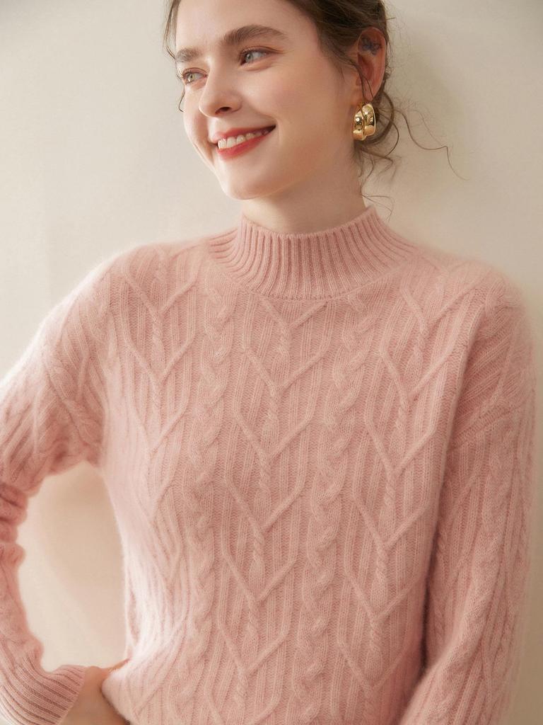 Women's Thickened Half-High Neck Cable Knit Cashmere Sweater - Soft, Versatile Autumn/Winter Pullover