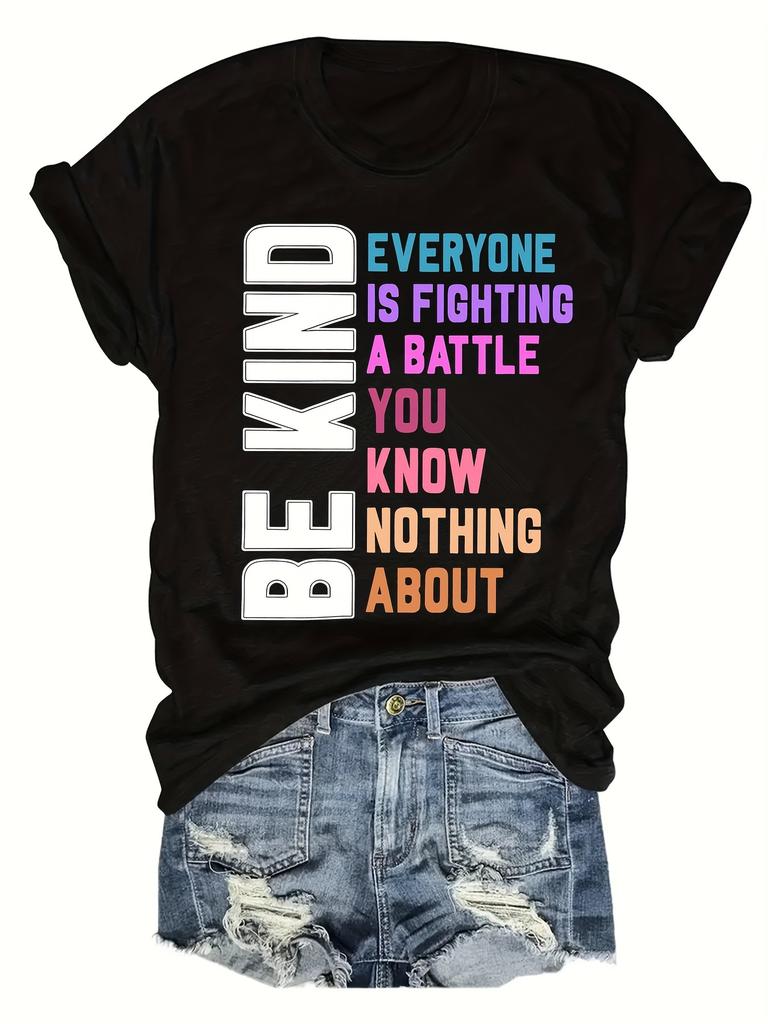 Plus Size BE KIND Print T-shirt, Casual Short Sleeve Crew Neck Top For Spring & Summer, Women's Plus Size Clothing