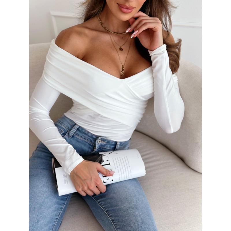 IHUASU Women's Fashion Casual Solid Color Print V-Neck Long Sleeve Blouses & Shirts