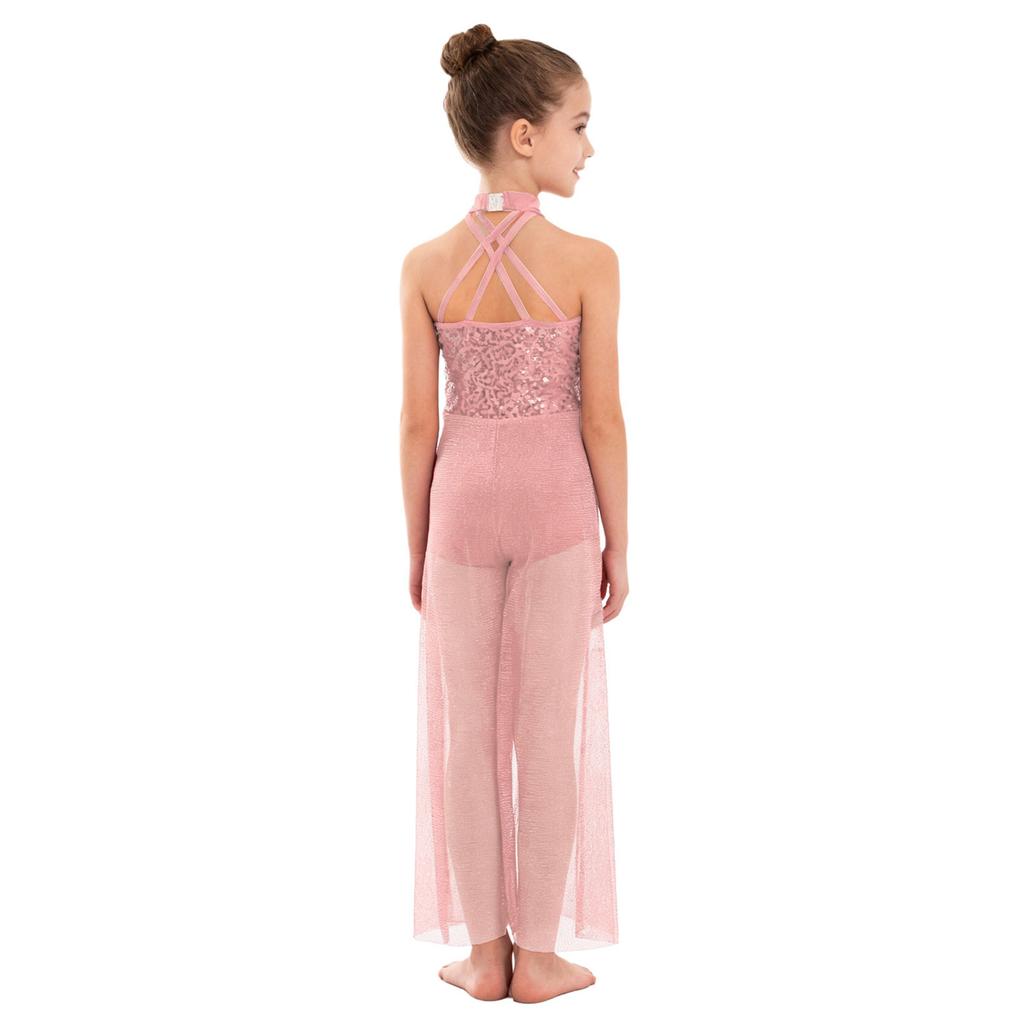 Mono de tirantes cruzados en la espalda, cuello alto, sin mangas, con lentejuelas brillantes, de malla, con abertura en la pierna ancha, para danza lírica