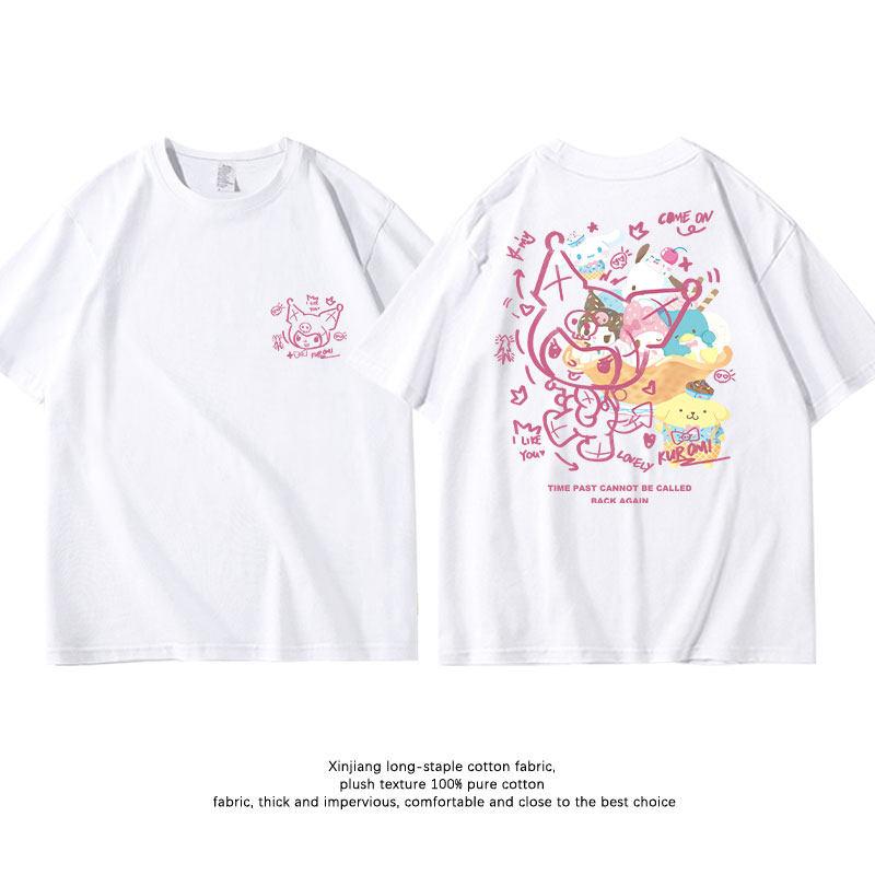 Summer New Sanrio Kuromi Pure Cotton Childrens Tshirt White Doublesided Printed Fashionable Round Neck Parentchild Tshirt