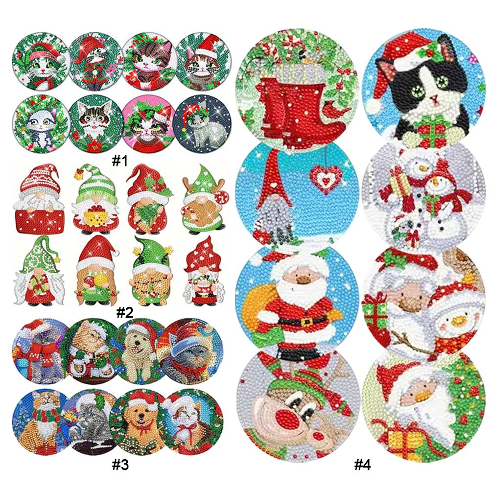 8Pcs Wooden Christmas Cartoon DIY Diamond Art Coaster Crafts with Holder DIY Diamond Painting Coaster Art for Beginners