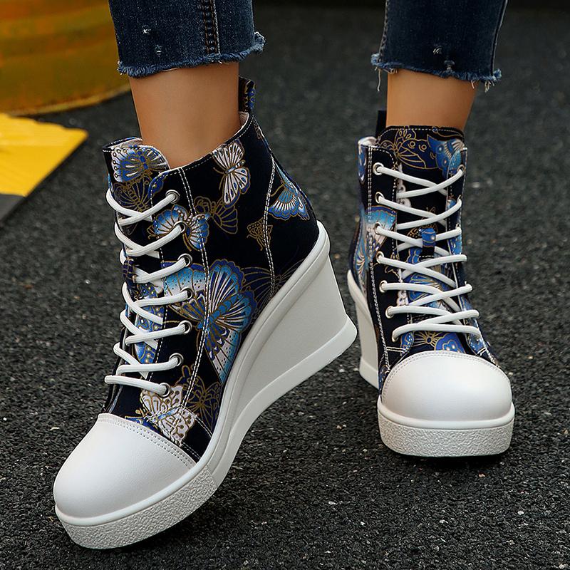 Fashion Fashion Butterfly Print Wedge Sneakers for Women Lightweight High Top Canvas Shoes Woman Comfort Lace Up Casual Walking Shoes