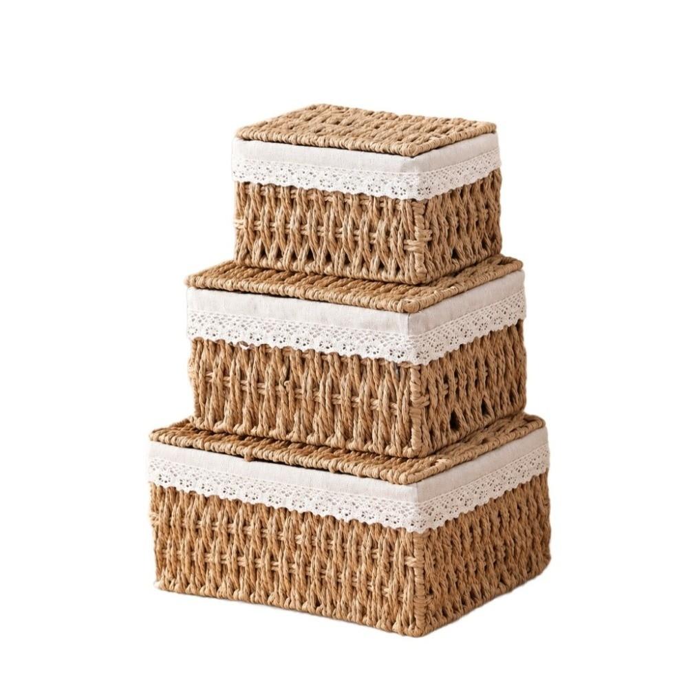 Hand-woven Storage Baskets with Lid/Liner Desktop Sundries Organizer for Closet Shelf
