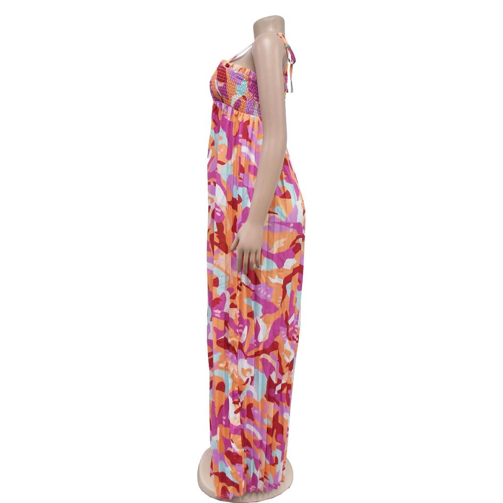 Women's Fashion Sexy Printed Strappy Pleated Wide-Leg Jumpsuit