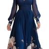 2026 Long Mesh Splicing French Slim Dress Versatile Printed Long Dress Blue Comfortable and Casual