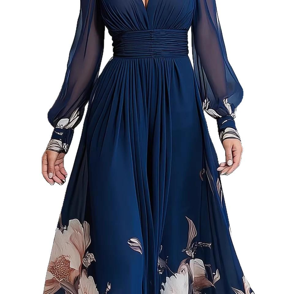2026 Long Mesh Splicing French Slim Dress Versatile Printed Long Dress Blue Comfortable and Casual