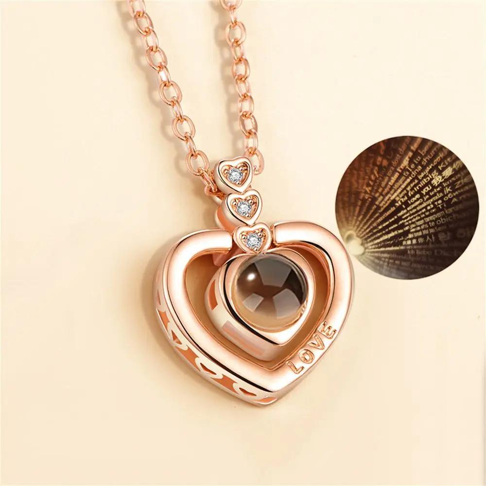 1PC Fashion Love Heart Letter Crystal Necklace 100 Languages I Love You Projection Pendant Necklace Women Jewelry Friends Gifts