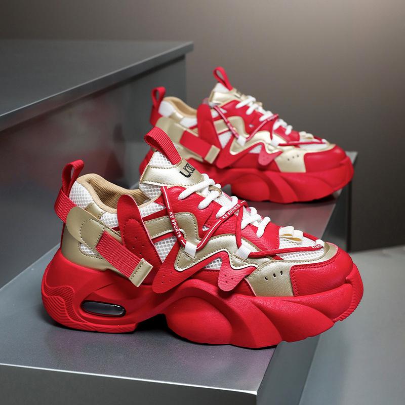 2025 Spring and Summer Trendy Shoes Red Men's Shoes Spring New Platform Dad Versatile Height Increasing Casual Shoes Sports Shoes