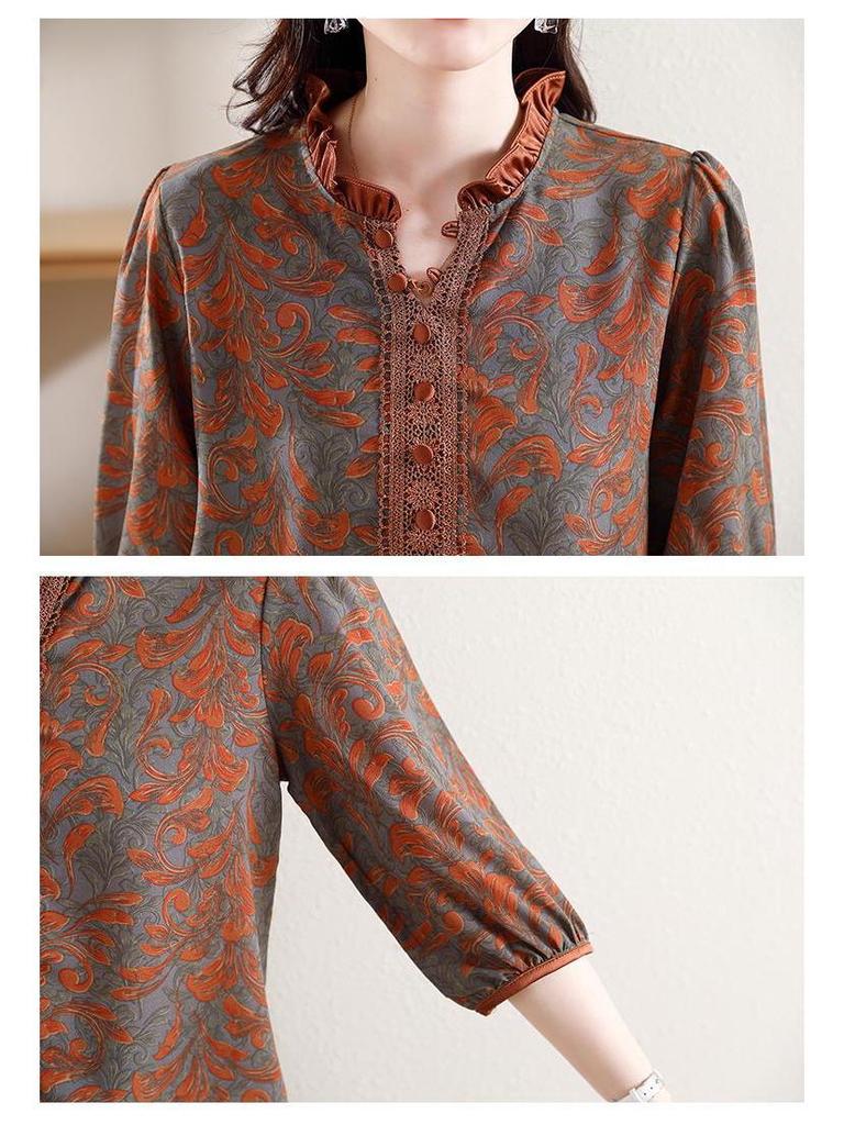 Women's Retro Print Summer Blouse - Loose Fit, Seven-Sleeve, Stylish and Flattering for Middle-Aged Mothers